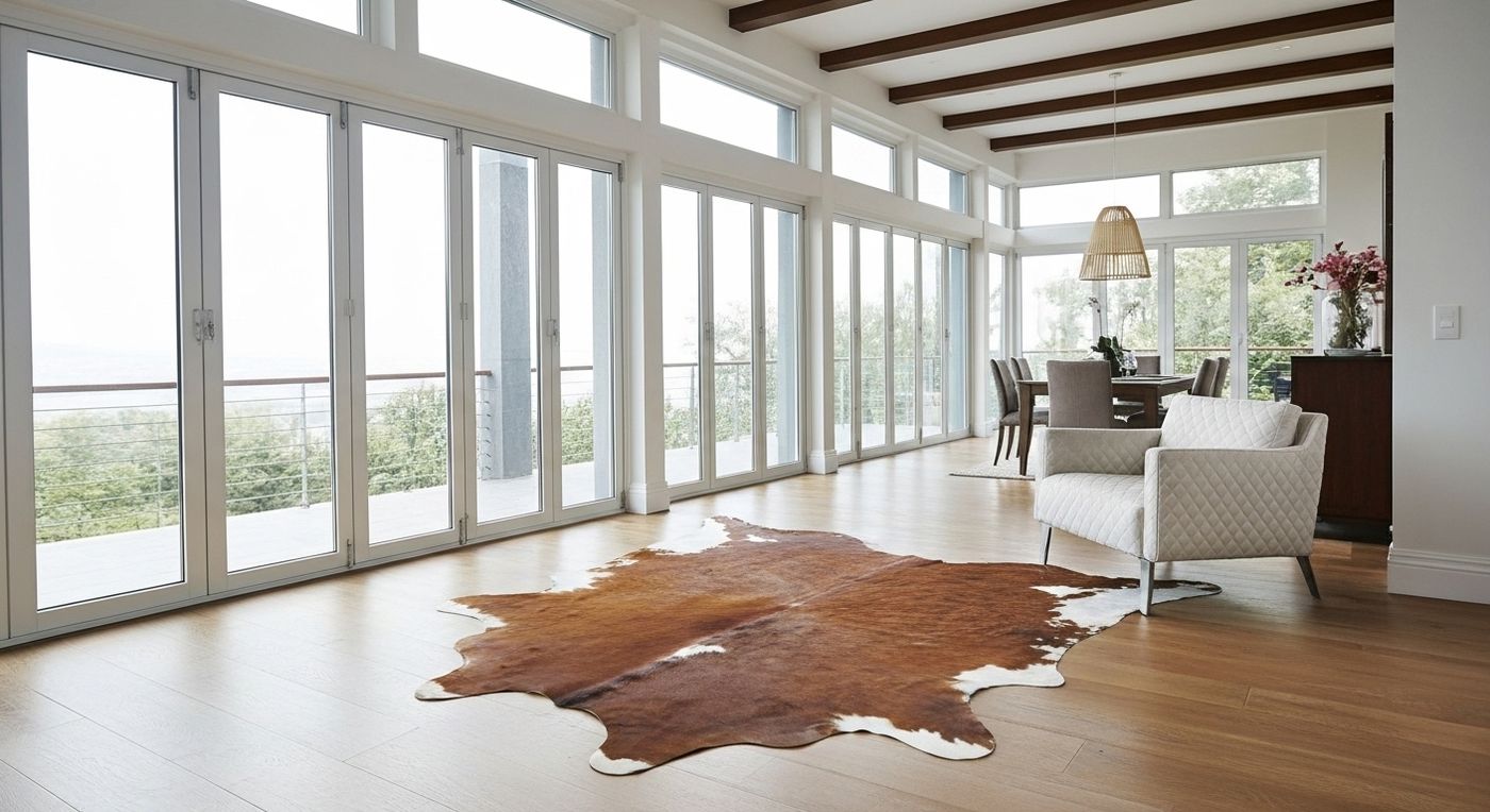 Brown and white cowhide rug in a bright modern living room